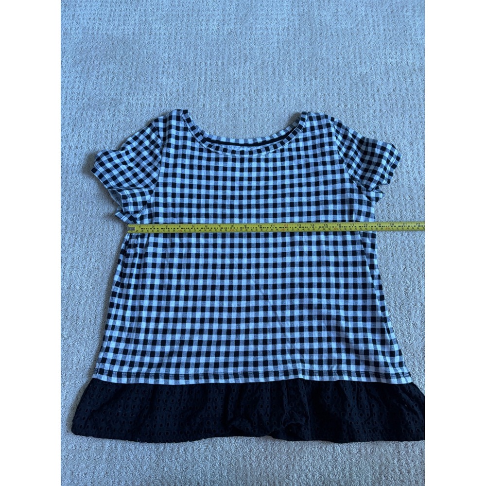 Talbots Womens Large Gingham Eyelet Hem Top Black White Cotton Short Sleeve‎ Tee